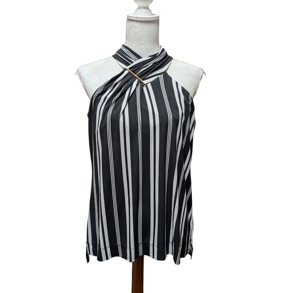 Calvin Klein Sz M Black and White Striped Halter Top